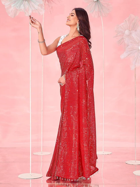 Vasthrlay Sequins Embroidery Red Saree
