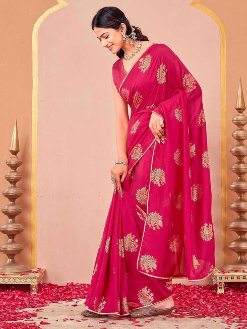 Vasthrlay Vichitra Printed Unstitched Rani Pink Saree