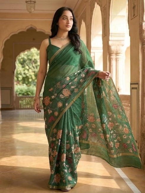 Vasthrlay Green Floral Linen Saree With Solid Black Unstitched Blouse