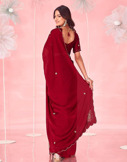 Vasthrlay Womens Scalloped Maroon Saree With Unstitched Blouse Piece