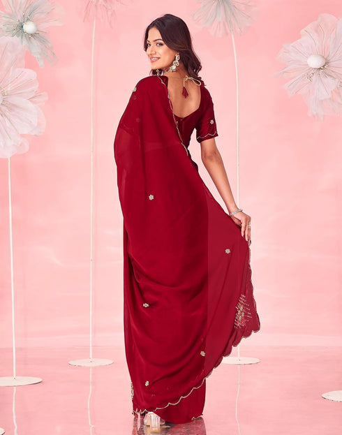 Vasthrlay Womens Scalloped Unstitched Maroon Saree