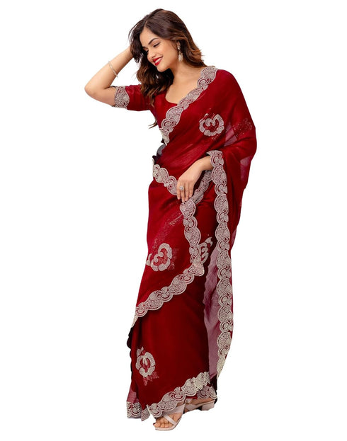 Vasthrlay Chiffon Scalloped Unstitched Maroon Saree