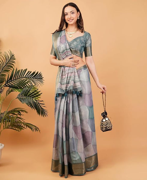 Vasthrlay Multicolour Geometric Triangle Print Polyester Saree With Muted Gold Zari Border And Teal Blue Ruched Unstitched Blouse Piece