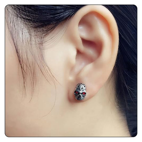 Hip Hop Titanium Steel Flower Pattern Crystal Eye Skull Stud Earrings