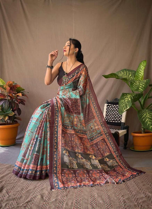 Vasthrlay White Printed Unstitched Saree