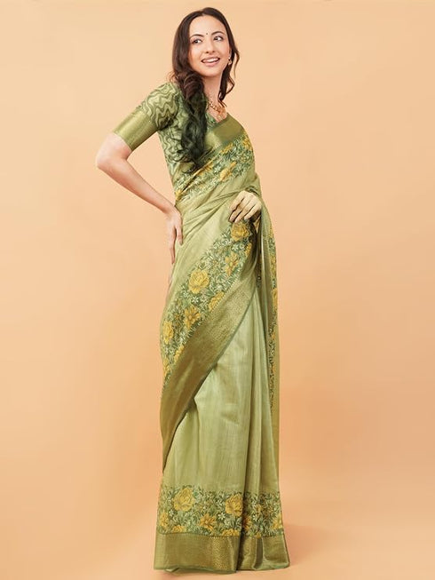 Vasthrlay Metallic Gold Textured Polyester Saree With Kalamkari Floral Panel| Zari Border And Unstitched Blouse Piece