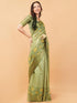 Vasthrlay Metallic Gold Textured Polyester Saree With Kalamkari Floral Panel| Zari Border And Unstitched Blouse Piece