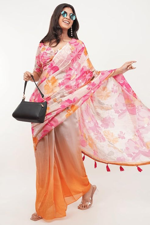 Vasthrlay Peach Pink Multi Print Design Linen Ready To Wear Saree For Women