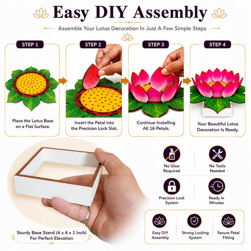 Digi Art's Complete Lotus Decoration Kit | 12 Inch Premium Printed MDF Lotus Base with 16 Petals & 4x4 Inch Stand | DIY Assembly | Reusable Pooja Decoration for Ganesh, Lakshmi, Kalash & Home Decor