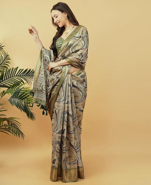 Vasthrlay Mehendi Green Geometric Print Polyester Saree With Dull Gold Zari Border And Unstitched Blouse Piece