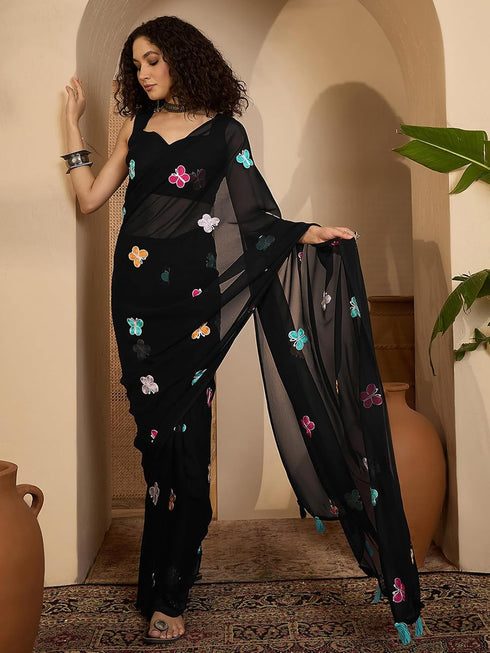 Vasthrlay Shimmer Embroidery Pista Saree