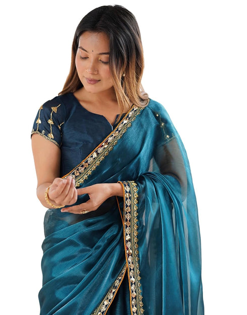 Vasthrlay Shimmer Chiffon Rama Blue Saree With Unstitched Blouse Piece