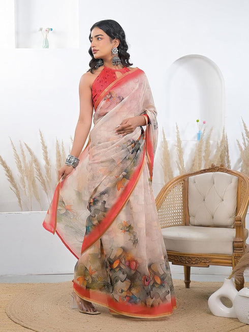 Vasthrlay Bandhani Embroidery Unstitched White Saree