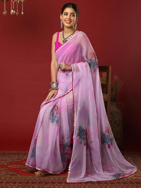 Vasthrlay Georgette Printed Light Purple Saree With Unstitched Blouse Piece