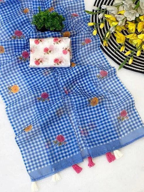 Vasthrlay Checked Pattern Tassels Unstitched