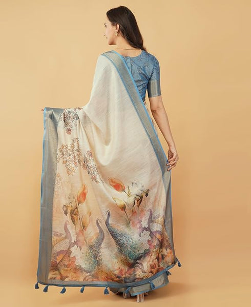 Vasthrlay Cream Dusty Blue Textured Polyester Saree With Kalamkari Floral Border And Ruched Unstitched Blouse Piece