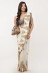 Vasthrlay Off White Multi Print Design Linen Ready To Wear Saree