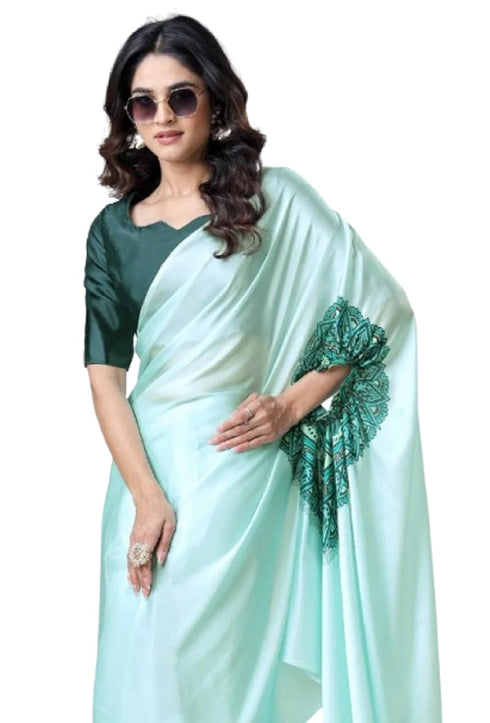 Vasthrlay Printed Kaftan Freehand Light Green Soft Satin Saree