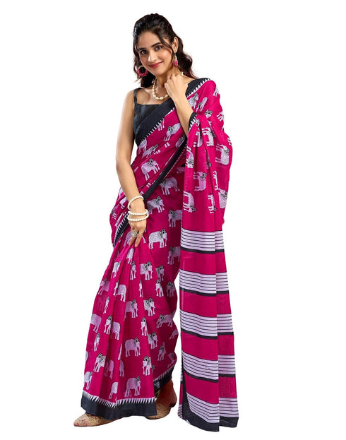 Vasthrlay Womens Printed Rani Pink Saree With Black Unstitched Blouse Piece