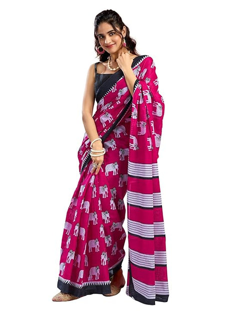 Siril Women'S Printed Cotton Saree With Unstitched Blouse Piece