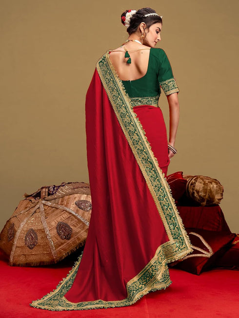 Vasthrlay Vichitra Embroidery Red Saree With Green Unstitched Blouse Piece