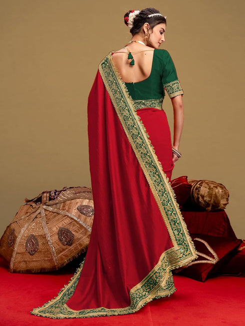 Vasthrlay Vichitra Embroidery Unstitched Red Saree