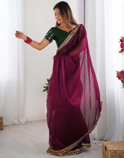 Vasthrlay Shimmer Chiffon Unstitched Maroon Saree
