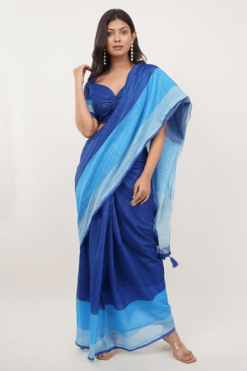 Vasthrlay Blue Striped | Floral | Solid Print Design Linen Saree With Solid Unstitched Linen Blouse Piece