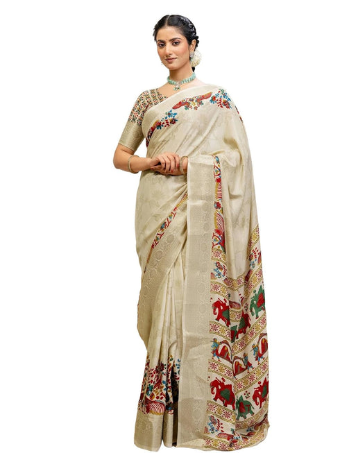 Vasthrlay Weaving Printed Off White Off White Saree