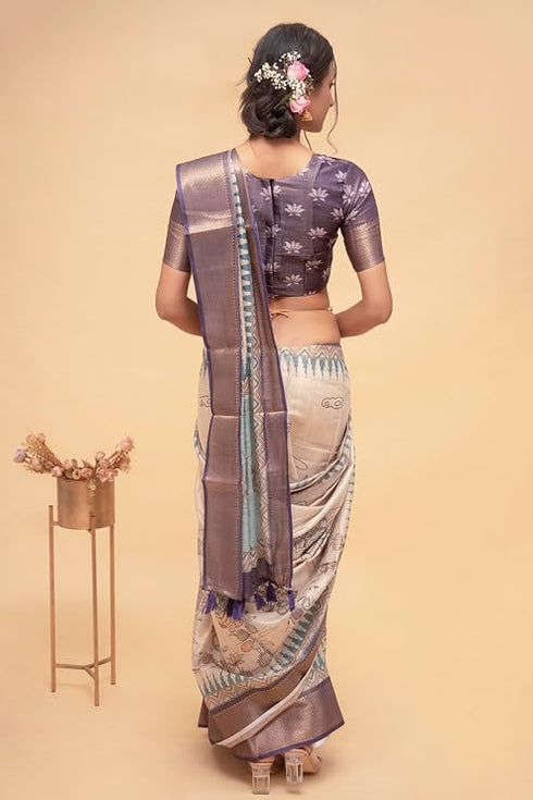 Vasthrlay Off White1 Abstract Print Polyester Saree With Antique Zari Border And Unstitched Blouse Piece