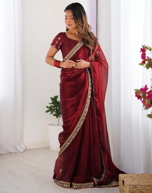 Vasthrlay Shimmer Chiffon Unstitched Maroon Saree