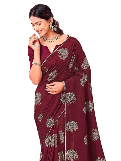 Vasthrlay Vichitra Printed Unstitched Rani Pink Saree