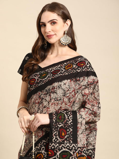 Vasthrlay Cotton Printed Mulmul Black Saree