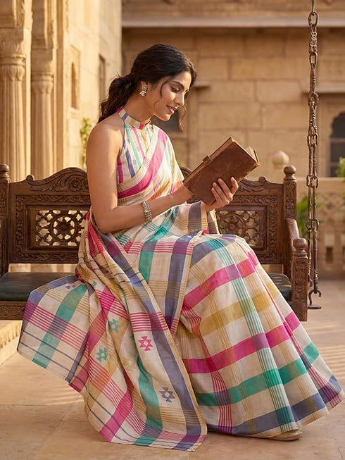 Vasthrlay Chanderi Printed Beige Saree