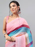 Vasthrlay Peach Printed Striped Linen Saree With Solid Linen Unstitched Blouse Piece For Women