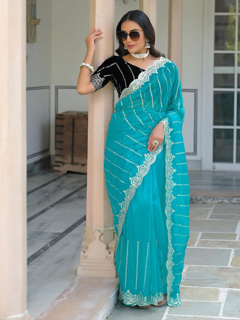 Vasthrlay Embroidery Scalloped Unstitched Navy Blue Saree