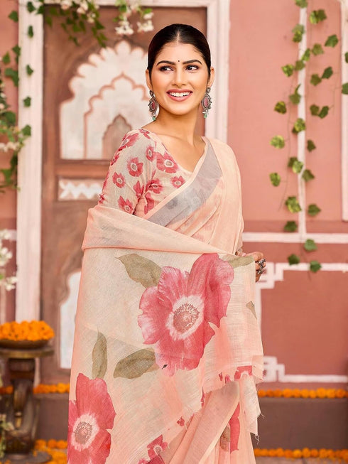 Vasthrlay Womens Printed Light Peach Saree With Unstitched Blouse Piece