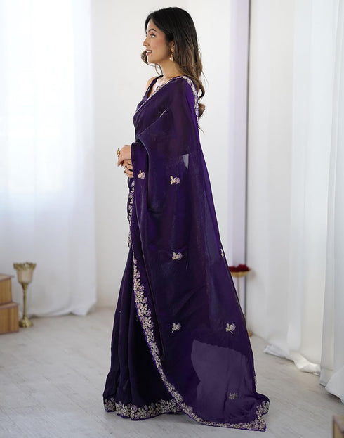 Vasthrlay Scalloped Embroidery Unstitched Rani Pink Saree