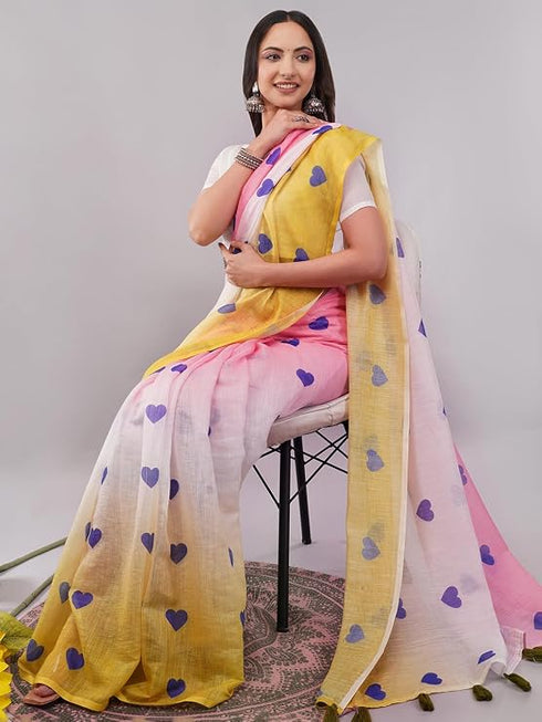 Vasthrlay Pink1 Printed Linen Saree With Unstitched Blouse Piece