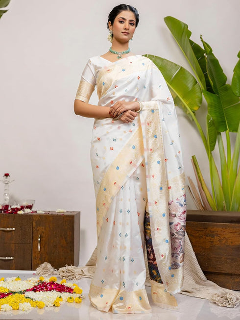 Vasthrlay Special Weaving White Saree With Multicolour Unstitched Blouse Piece