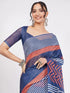 Vasthrlay Blue Womens Printed Linen Saree With Unstitched Blouse Piece