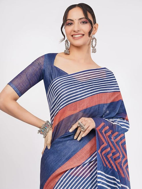 Vasthrlay Blue Printed Linen Saree With Unstitched Blouse Piece