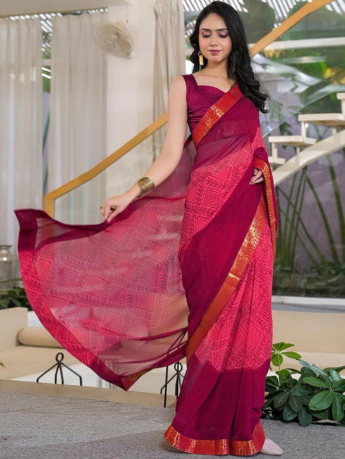 Vasthrlay Georgette Bandhani Unstitched Pink Saree