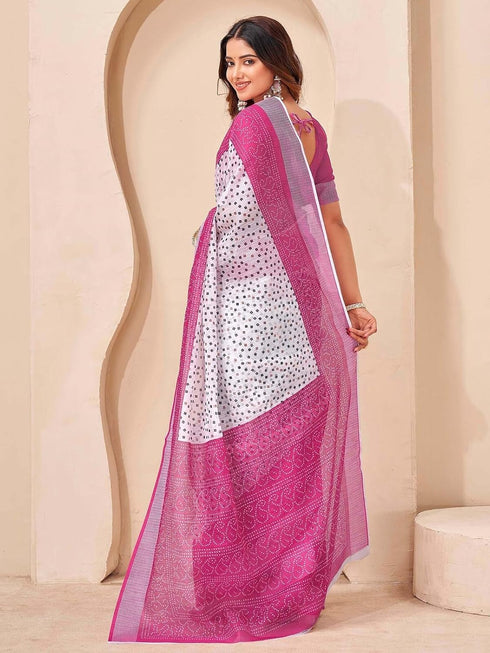 Vasthrlay Bandhani Embroidery White | Pink Saree With Unstitched Blouse Piece