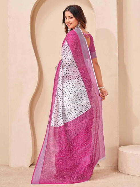 Vasthrlay Bandhani Embroidery Unstitched White Saree