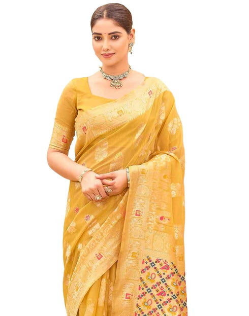 Vasthrlay Special Weaving Light Yellow | Gold Saree With Unstitched Blouse Piece