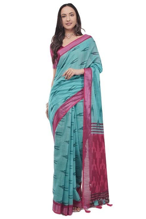 Vasthrlay Blue Paisley Printed Linen Saree With Unstitched Blouse Piece