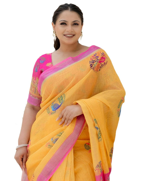 Vasthrlay Womens Printed Unstitched Orange Saree