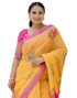 Vasthrlay Womens Printed Mustard Saree With Pink Unstitched Blouse Piece