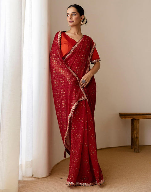 Vasthrlay Georgette Embroidery Unstitched Red Saree